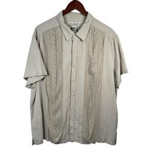 Norm Thompson Silk Linen Guayabera Shirt Neutral Embroidered Resort Button Up